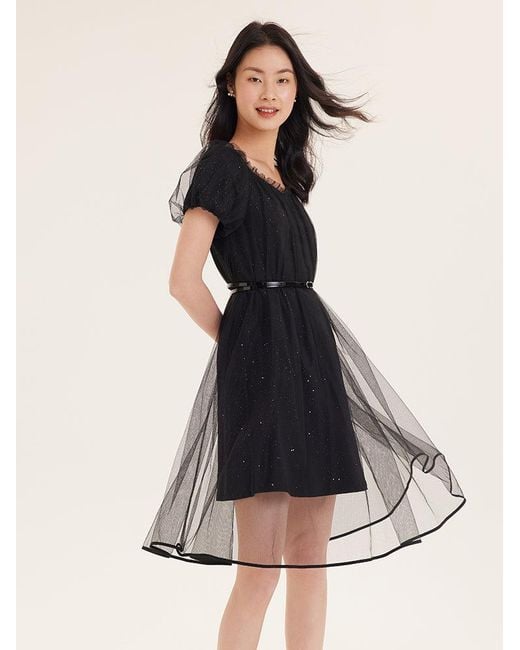 GOELIA Black Tulle Sequins A-Line Puff Sleeve Mini Dress