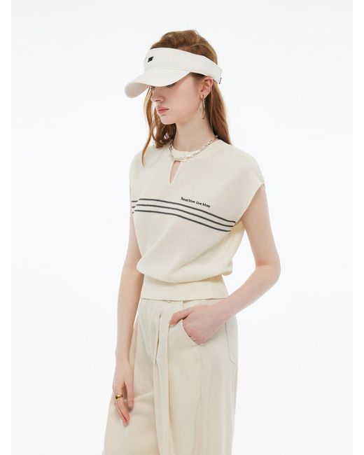 GOELIA Natural Tencel Blend Stripe Letter Print Cap Sleeve Knit Top