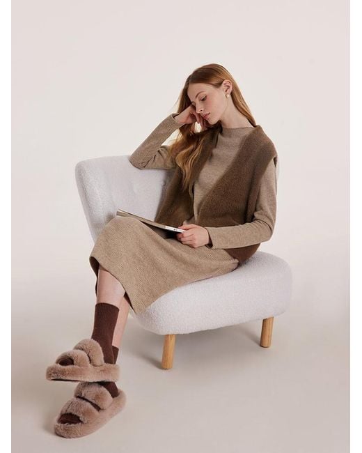 GOELIA Natural Slim Pinafore Dress And Faux Mink Vest Two-Piece Set With Belt