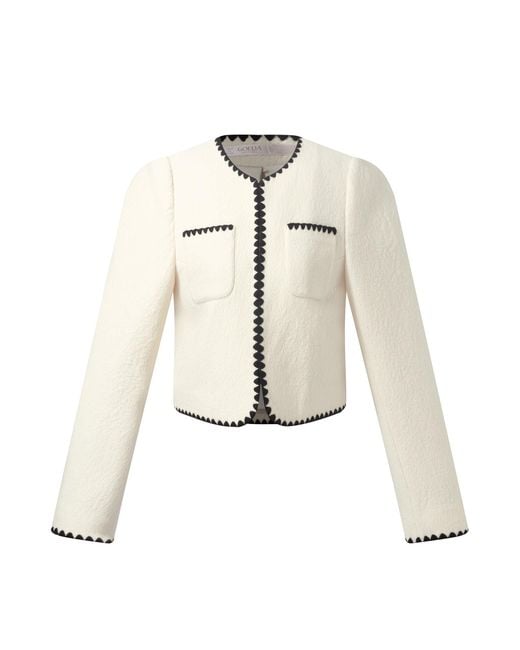 GOELIA White 100% Wool Contrast Trim Crop Jacket