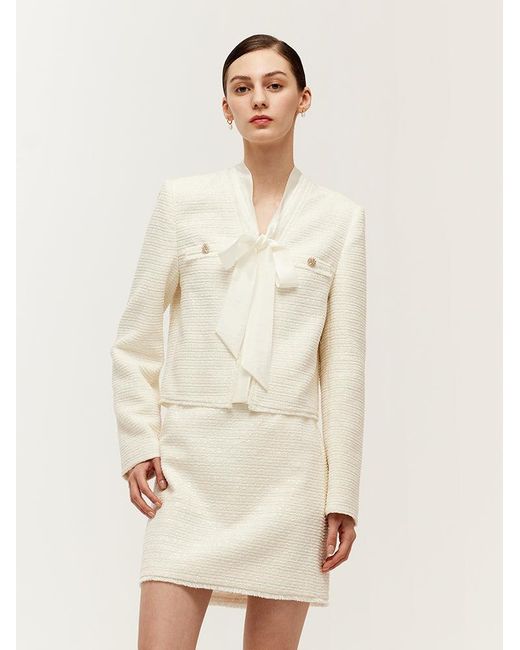 GOELIA Natural Tweed Bow Tie Neck Jacket And Mini Skirt Two-Piece Set