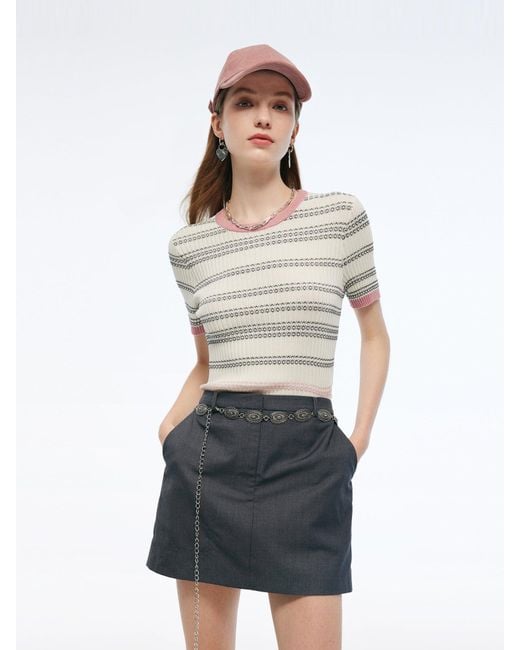 GOELIA White Tencel Blend Color Block Stripe Knit Top
