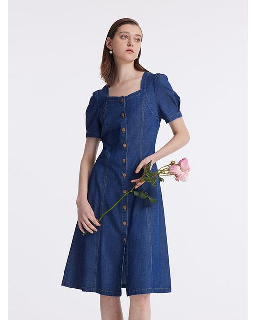 GOELIA Blue Denim Puff Sleeves Single-Breasted Midi Dress