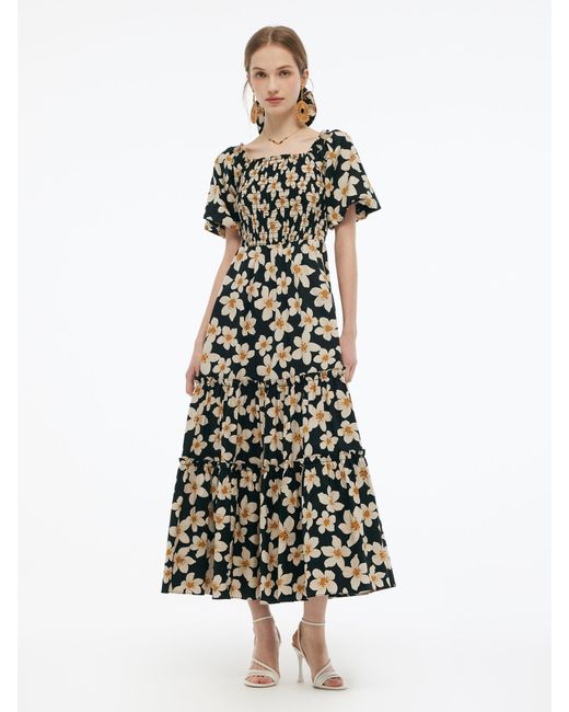 GOELIA Women's White Cotton Stretch Floral Print Smocked Maxi Dress