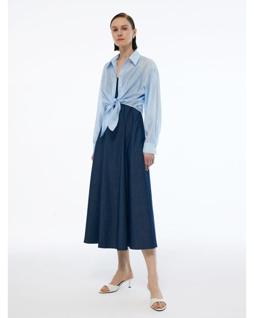 GOELIA Blue Lyocell Blend Crop Shirt And Denim Strap Maxi Dress Two-Piece Set