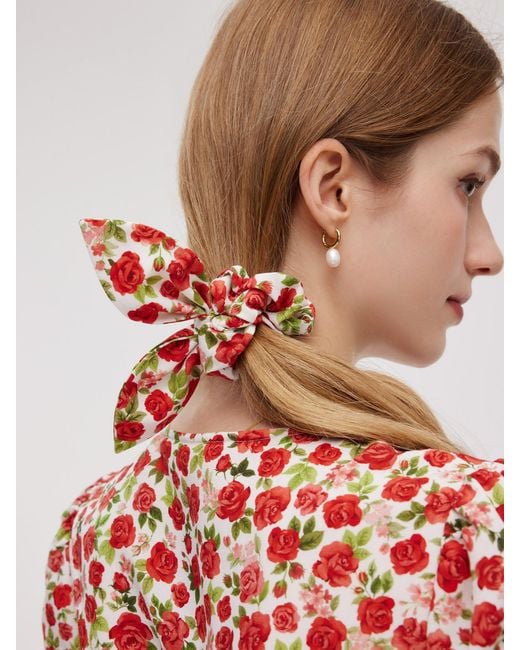 GOELIA Red Tencel And Linen Blend Rose Print Midi Dress