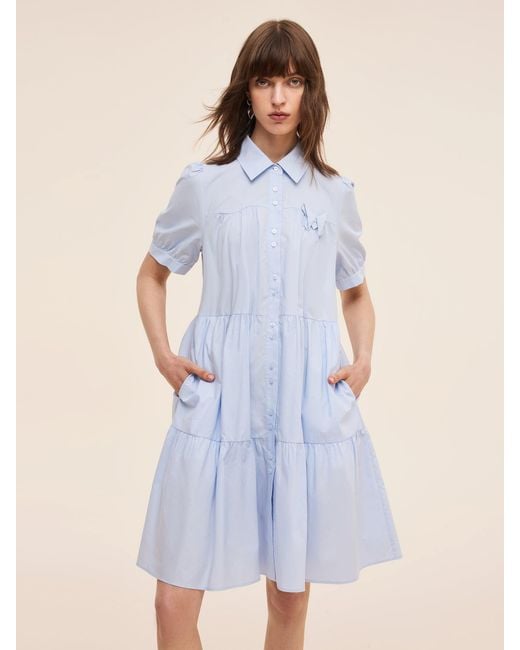 GOELIA Blue 100% Cotton Puff Sleeve Mini Dress With Ribbon