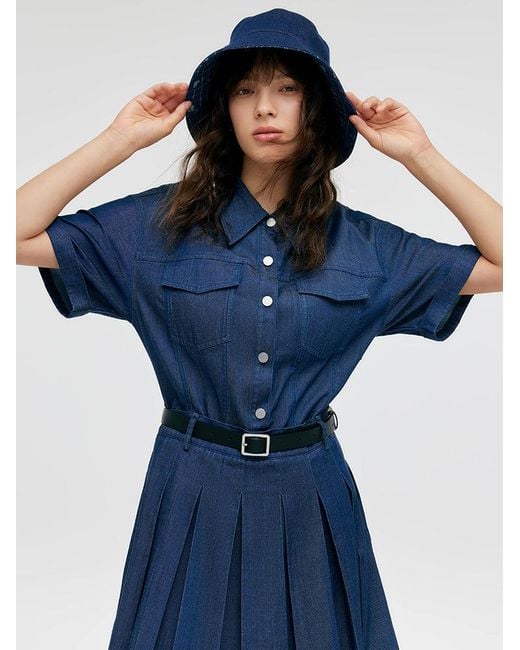 GOELIA Blue Double-Layer Denim Mini Dress With Belt