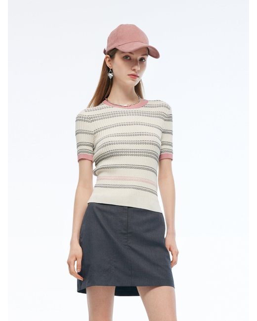 GOELIA White Tencel Blend Color Block Stripe Knit Top