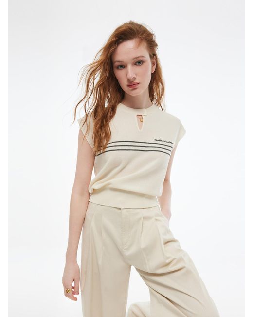 GOELIA Natural Tencel Blend Stripe Letter Print Cap Sleeve Knit Top