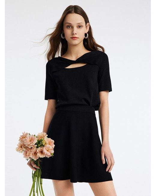 GOELIA Black Tencel Mulberry Silk Woolen Top And A Line Mini Skirt Two-Piece Set