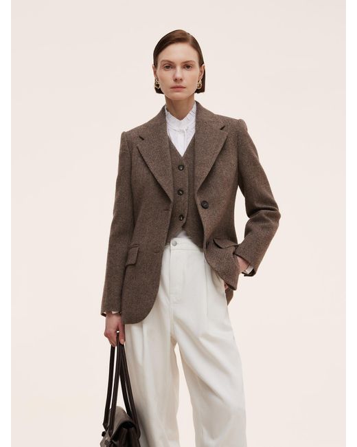 GOELIA Brown 100% Washable Wool Gathered Waist Blazer
