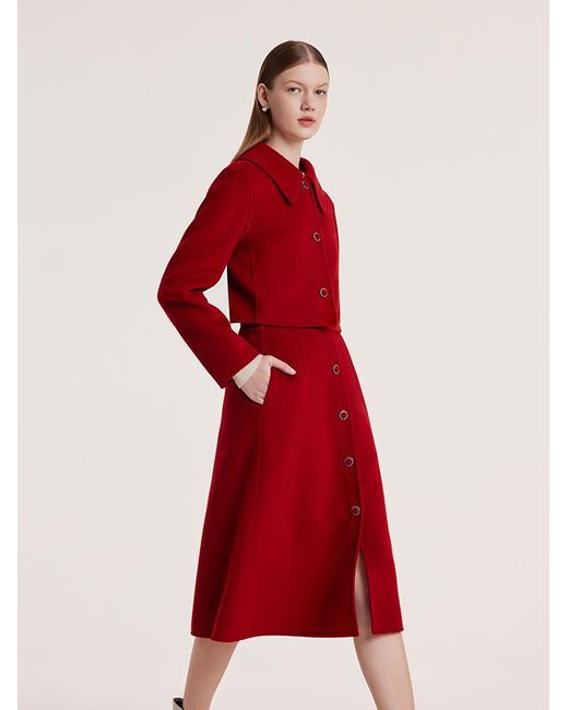 GOELIA Red Tencel Wool Crop Jacket And Half Skirt Suit