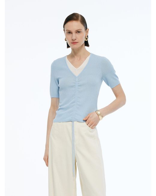GOELIA Blue Lyocell Blend Drawstring Patchwork Knit Top