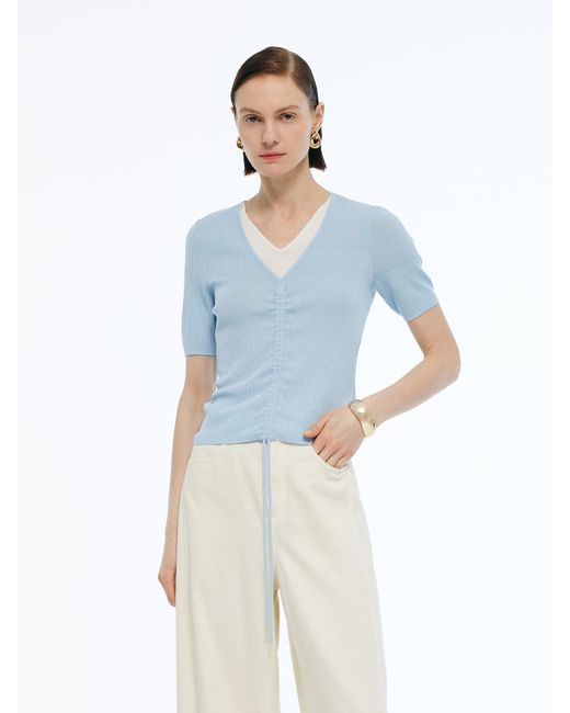 GOELIA Blue Lyocell Blend Drawstring Patchwork Knit Top