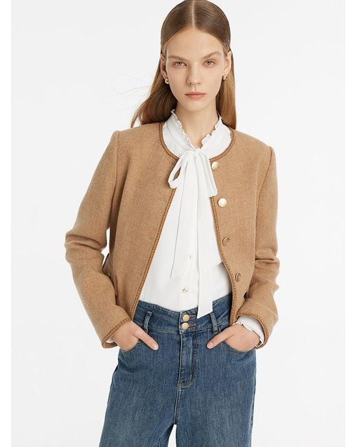 GOELIA Blue Washable Wool Round Neck Single-Breasted Jacket