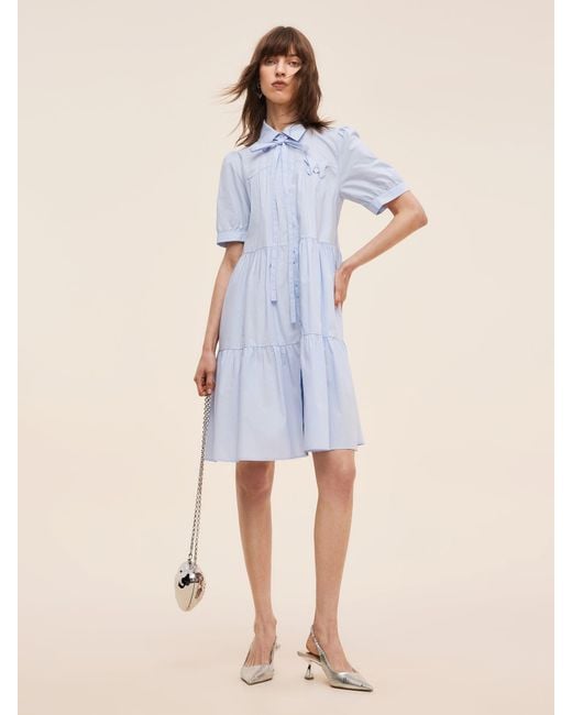 GOELIA Blue 100% Cotton Puff Sleeve Mini Dress With Ribbon