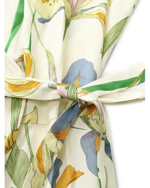 GOELIA White 19 Momme Mulberry Silk Iris Printed Ruffled Hem Midi Wrapped Dress With Scrunchies
