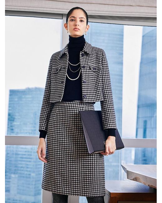 GOELIA Gray Washable Wool Houndstooth Jacket And Sweater And Skirt Suit