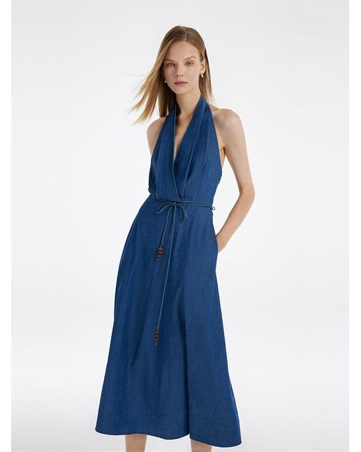 GOELIA Blue Denim Halter Midi Dress With Rope Belt