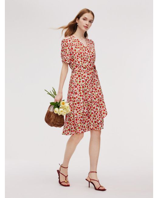 GOELIA Red Tencel And Linen Blend Rose Print Midi Dress