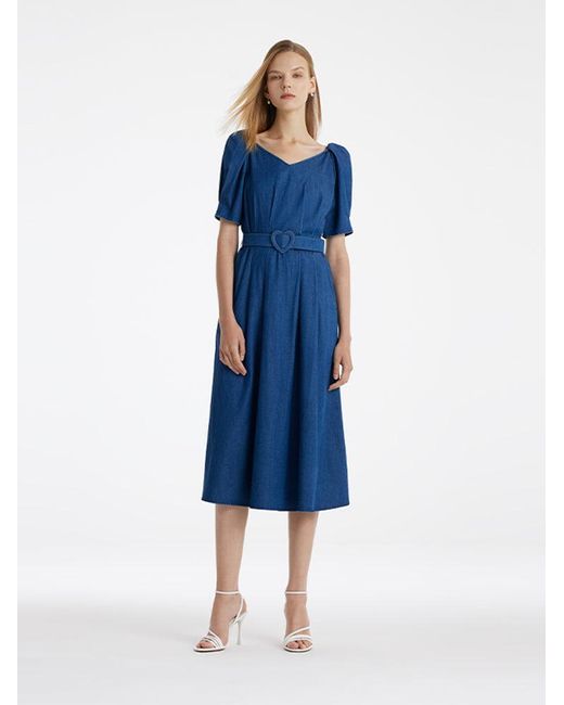GOELIA Blue Denim Midi Dress With Heart-Shaped Buckle Belt