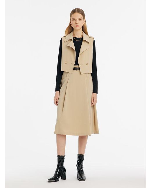 GOELIA Natural Patchwork Midi Dress And Vest Coat Two-Piece Set With Belt