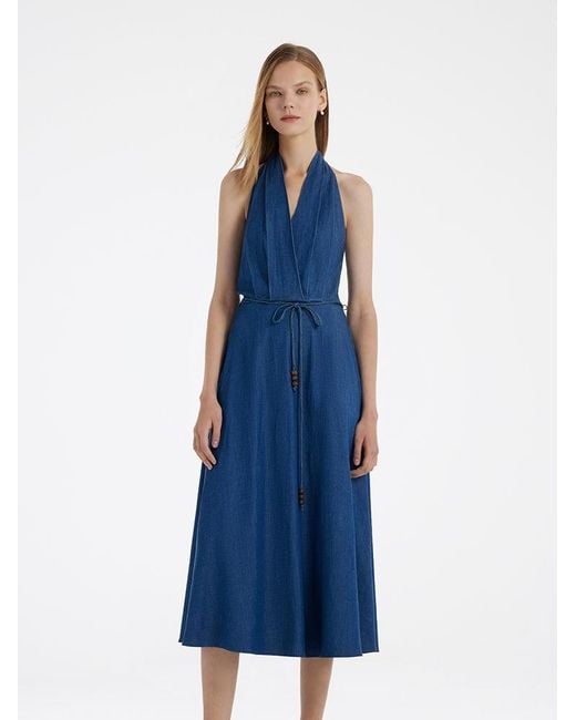 GOELIA Blue Denim Halter Midi Dress With Rope Belt