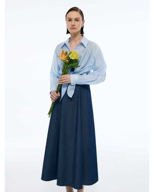 GOELIA Blue Lyocell Blend Crop Shirt And Denim Strap Maxi Dress Two-Piece Set