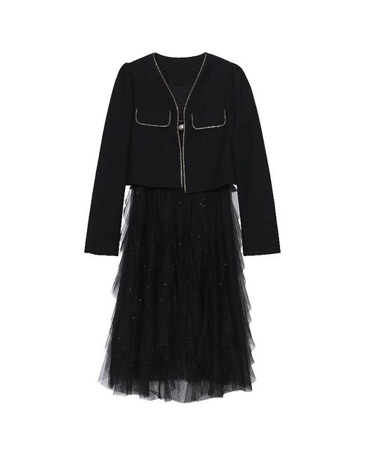 GOELIA Black Jacket And Netted Gauze Dress Two-Piece Set