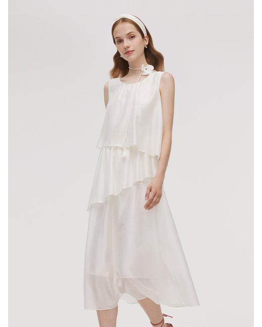 GOELIA White Tencel Blend Ruffle Tiered Sleeveless Midi Dress
