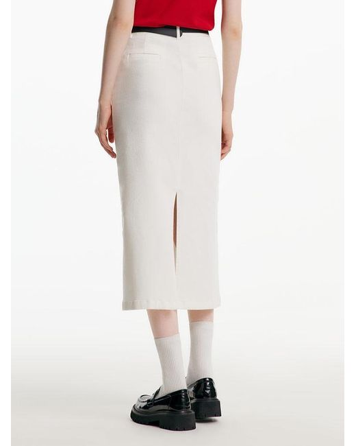 GOELIA White Split Denim Long Skirt With Belt