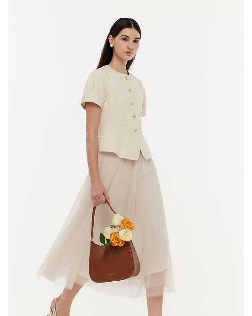 GOELIA Natural Tweed Sequins Short Sleeve Jacket And Mesh Skirt Two-Piece Set