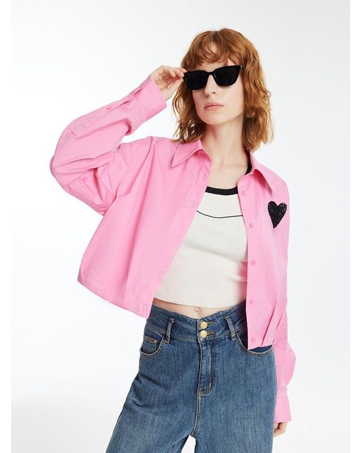 GOELIA Pink Heart-Shaped Sequins Crop Shirt With Pleated Hem