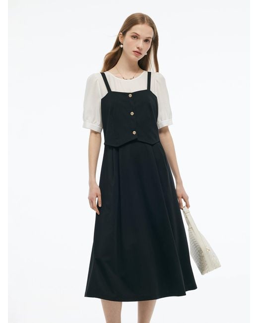 GOELIA Blue Tencel Blend Mock Layered A-Line Maxi Dress