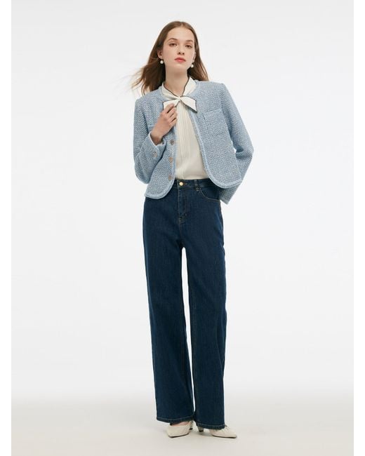 GOELIA Blue Single-Breasted Round Neck Jacket