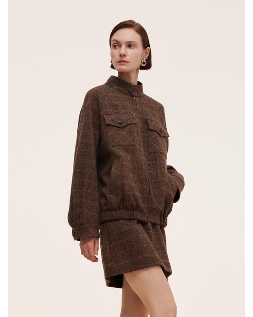 GOELIA Brown 100% Wool Plaid Zip-Up Jacket