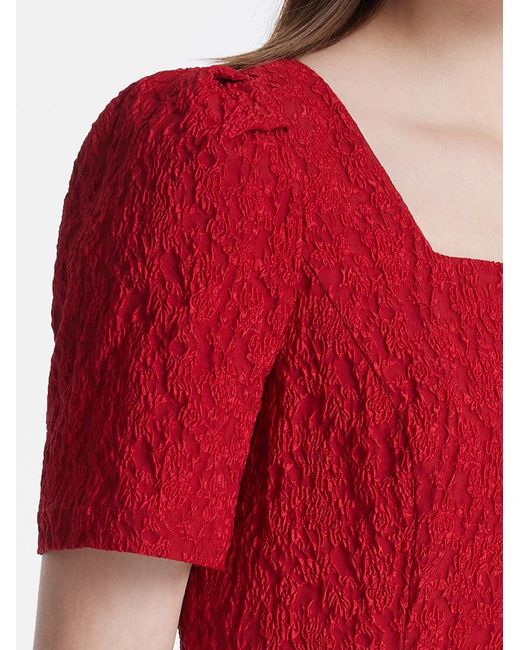 GOELIA Red Jacquard Square Neck Single-Breasted Midi Dress With Belt
