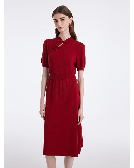 GOELIA Red New Chinese-Style Mandarin Collar Knitted Midi Qipao Dress