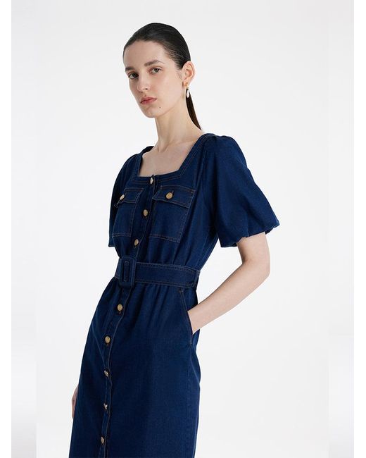 GOELIA Blue Puff Sleeves Square Neck Denim Midi Dress With Belt
