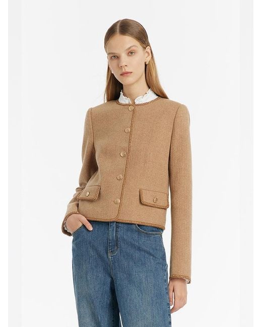 GOELIA Blue Washable Wool Round Neck Single-Breasted Jacket