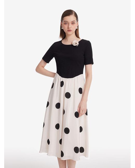 GOELIA Black 16 Momme Mulberry Silk Polka Dots Printed Patchwork Midi Dress With Scrunchie And 3D Rose Clip