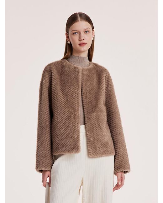 GOELIA Brown Eco-Friendly Fur Short Round Neck Coat