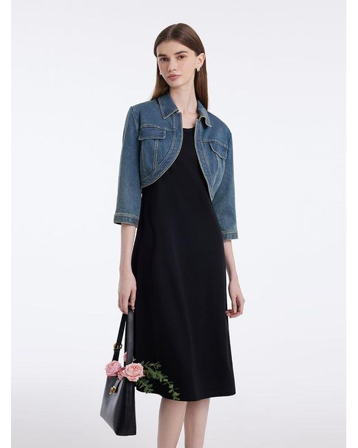 GOELIA Blue Denim Crop Jacket And Knitted Vest Dress Two-Piece Set
