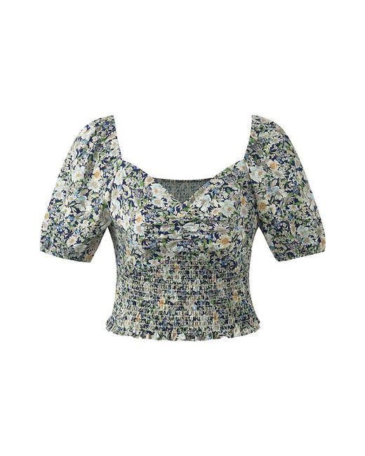 GOELIA Gray Floral Printed Square Neck Puff Sleeves Blouse