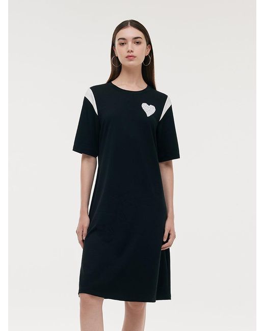 GOELIA Black Color Block Sequined Heart T-Shirt Midi Dress