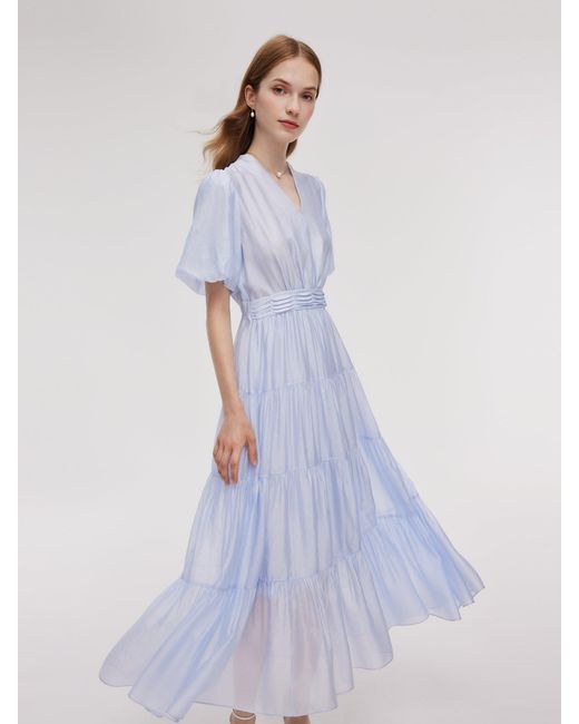 GOELIA Purple A-Line V-Neck Pleated Tiered Maxi Dress