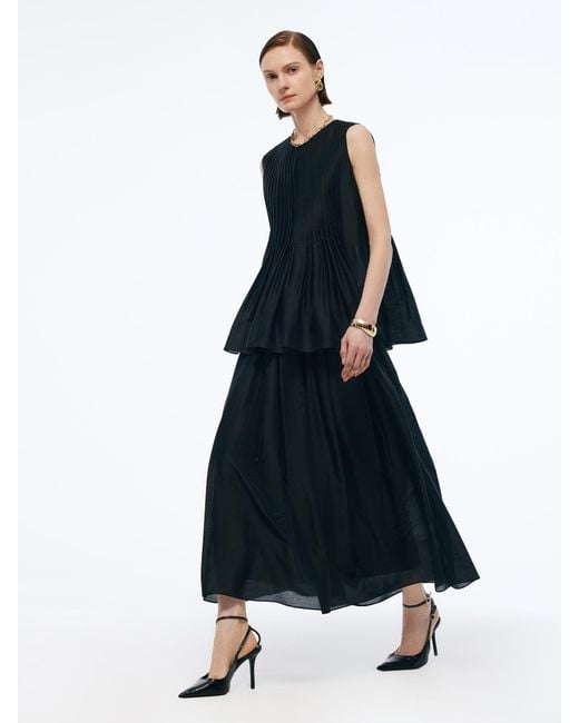 GOELIA White Tencel Blend Ruffle Hem Pleated Tank Top And A-Line Skirt Two-Piece Set