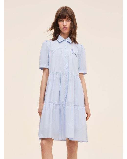 GOELIA Blue 100% Cotton Puff Sleeve Mini Dress With Ribbon