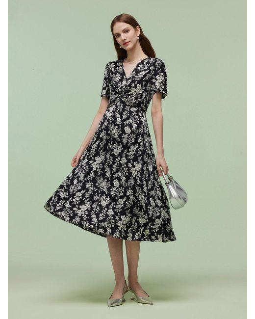 GOELIA Green Floral Print Twist Front Midi Dress